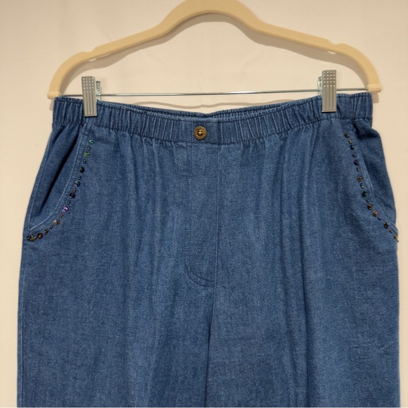 Vintage 90s Floral Embroidered Sequin Denim Jean Jacket & Pants Set, 12 Petite - Picture 11 of 16